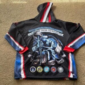 Patriotic hoodie with a military theme, featuring a unique chi town design
